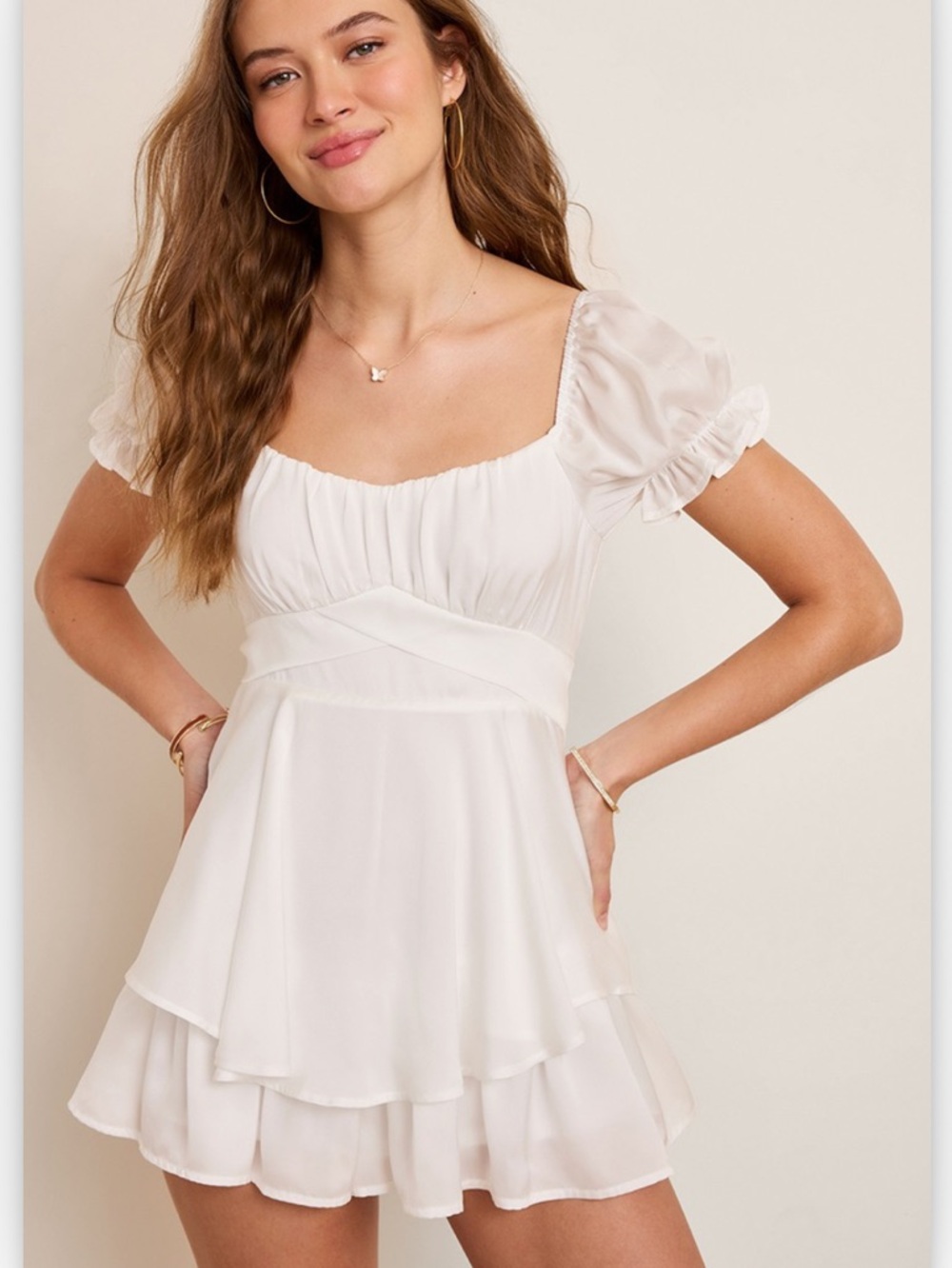 Francesca's White Satin Square Neck Mini Dress